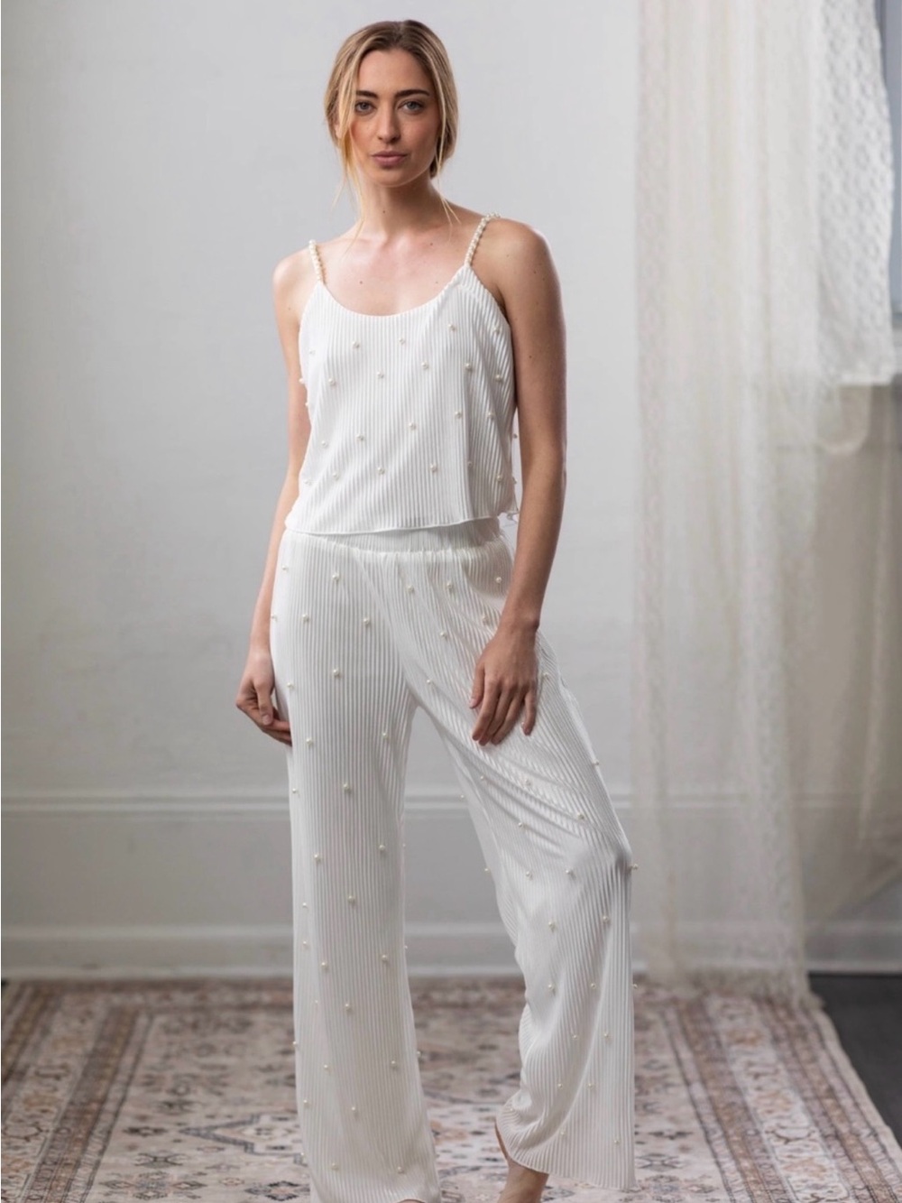 Pearl-Accent White Wide-Leg set wedding party
